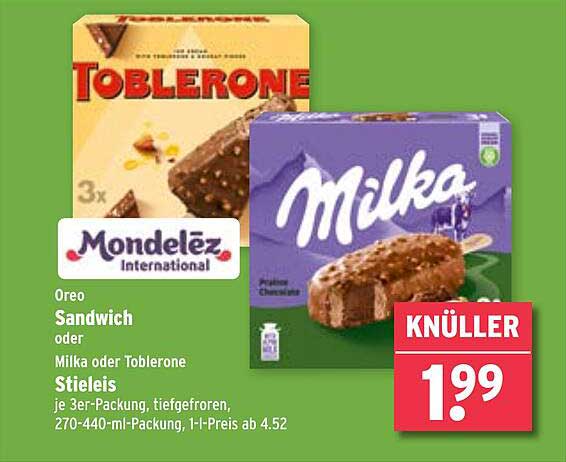 Oreo Sandwich oder Milka/Toblerone Stieleis je 3er-Packung, tiefgefroren