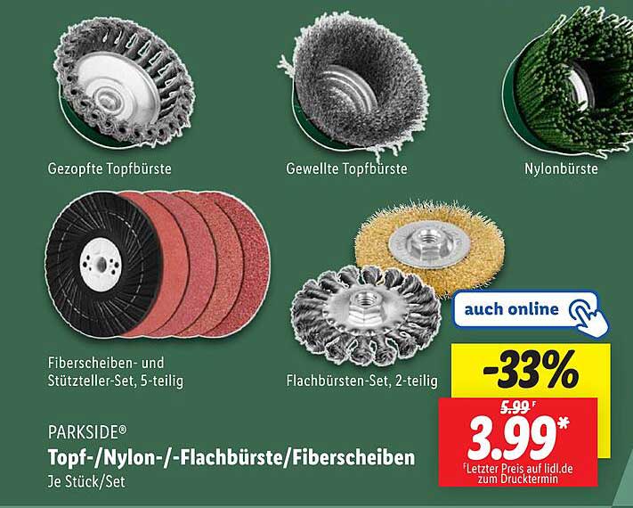 PARKSIDE® Topf-/Nylon-/Flachbürste/Fiberscheiben - 5-teiliges Set