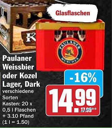 Paulaner Weissbier oder Kozel Lager, Dark – Kasten mit 20 Flaschen