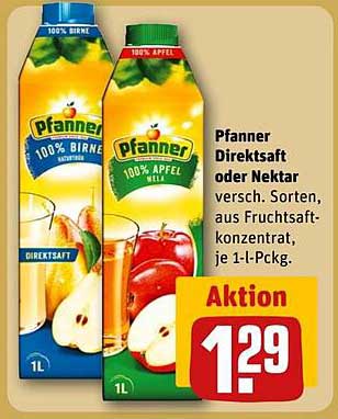 Pfanner Direktsaft oder Nektar, 100% Apfel oder Birne, je 1-L-Pckg.