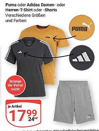 Puma oder Adidas Damen- oder Herren-T-Shirt oder -Shorts