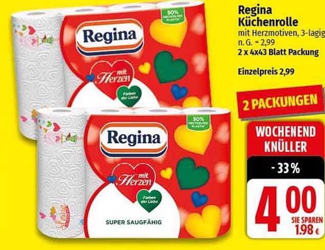 Regina Küchenrolle mit Herzmotiven, 2 x 4x43 Blatt Packung