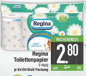 Regina Toilettenpapier 3-lagig je 8x150 Blatt Packung