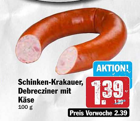 Schinken-Krakauer, Debrecziner mit Käse, 100 g