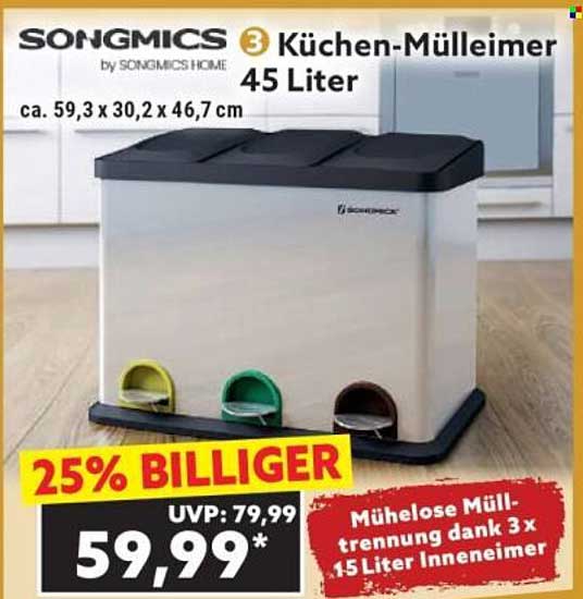 SONGMICS 3 Küchen-Mülleimer 45 Liter