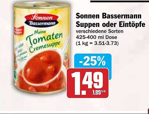 Sonnen Bassermann Suppen oder Eintöpfe - Meine Tomaten Cremesuppe, 425-400 ml Dose