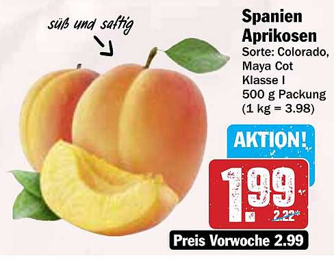 Spanien Aprikosen Sorte: Colorado, Maya Cot Klasse I 500 g Packung
