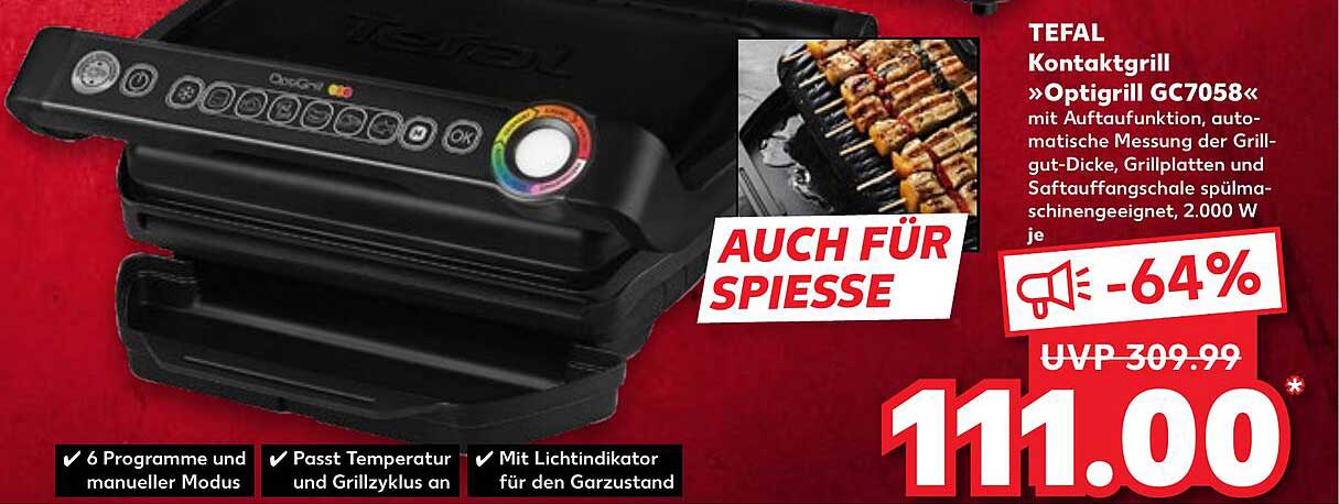 TEFAL Kontaktgrill »Optigrill GC7058« mit Auftaufunktion und automatischer Messung der Grillgut-Dicke