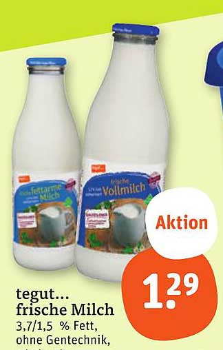 tegut... frische Milch 3,7/1,5 % Fett, ohne Gentechnik
