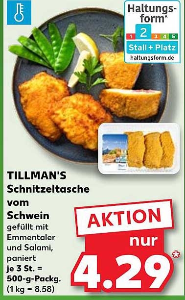 TILLMAN'S Schnitzeltasche vom Schwein gefüllt mit Emmentaler und Salami, paniert