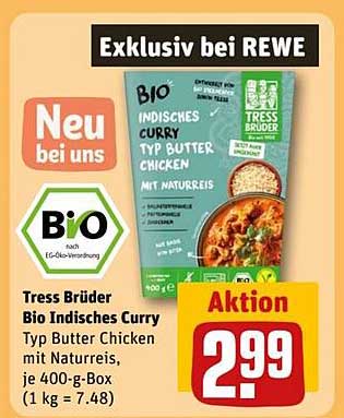 Tress Brüder Bio Indisches Curry Typ Butter Chicken mit Naturreis, je 400-g-Box