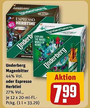 Underberg Magenbitter 44% Vol. oder Espresso Herbtini 27% Vol. 12 x 20 ml