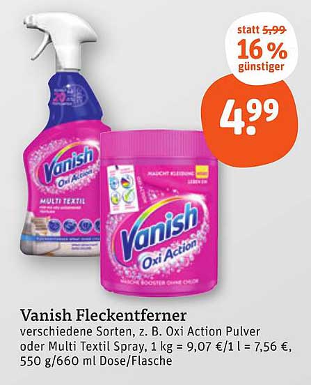 Vanish Fleckenentferner - verschiedene Sorten, z. B. Oxi Action Pulver oder Multi Textil Spray