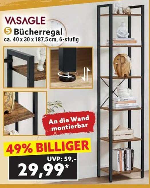 VASAGLE Bücherregal, 6-stufig, 40 x 30 x 187,5 cm