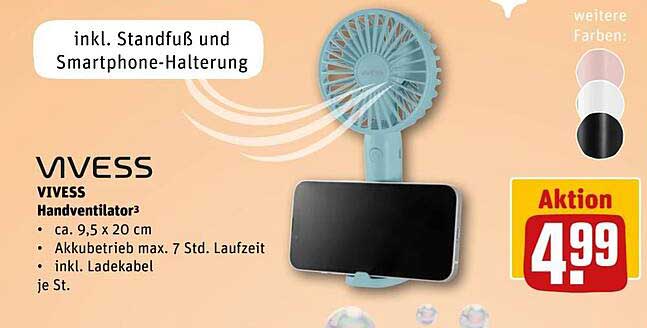 VIVESS Handventilator inkl. Standfuß und Smartphone-Halterung