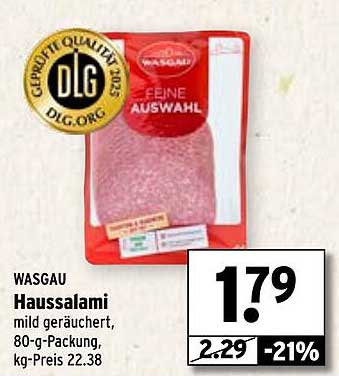 WASGAU Haussalami mild geräuchert, 80-g-Packung