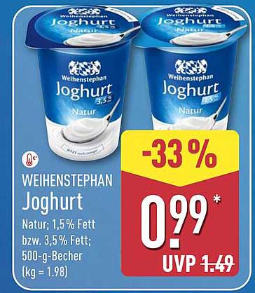 WEIHENSTEPHAN Joghurt 500-g-Becher - Natur, 1,5% Fett bzw. 3,5% Fett