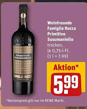 Weinfreunde Famiglia Rocca Primitivo Susumaniello trocken, je 0,75-l-Fl.