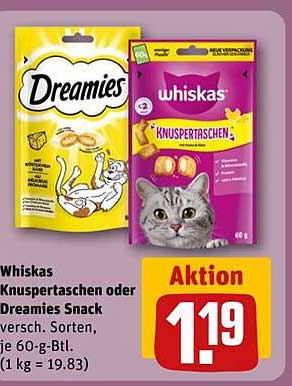Whiskas Knuspertaschen oder Dreamies Snack, 60 g