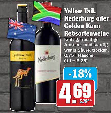 Yellow Tail, Nederburg oder Golden Kaan Resbortenweine - 0,75 l Flasche