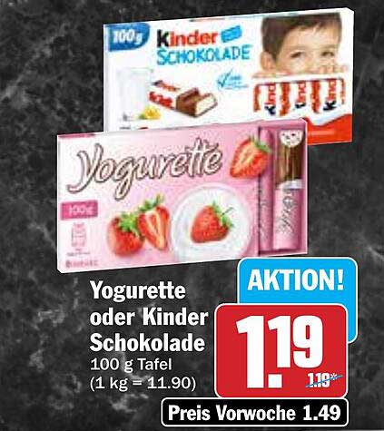 Yogurette oder Kinder Schokolade 100 g Tafel