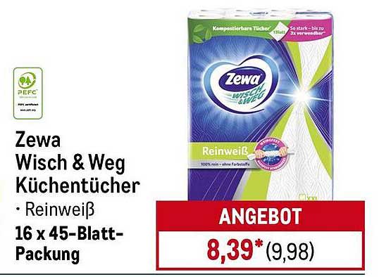 Zewa Wisch & Weg Küchentücher – Reinweiß, 16 x 45-Blatt-Packung