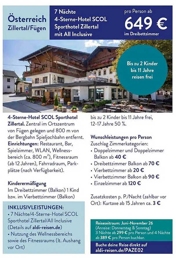 7 Nächte 4-Sterne-Hotel SCOL Sporthotel Zillertal mit All Inclusive