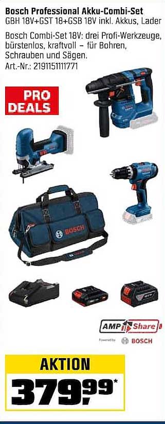 Bosch Professional Akku-Combi-Set GBH 18V+GST 18+GSB 18V inkl. Akkus, Lader