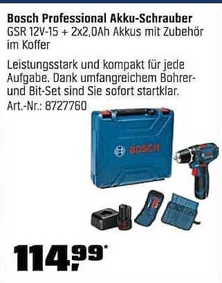 Bosch Professional Akku-Schrauber GSR 12V-15 + 2x2,0Ah Akkus mit Zubehör im Koffer