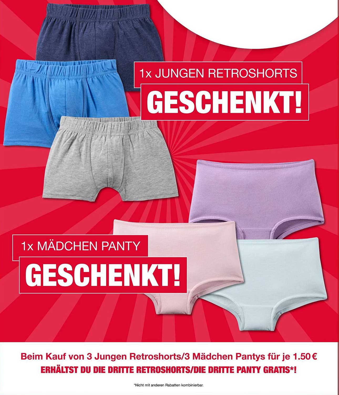 1x Jungen Retroschorts geschenkt! Beim Kauf von 3 Jungen Retroschorts/3 Mädchen Pantys für je 1,50 €!