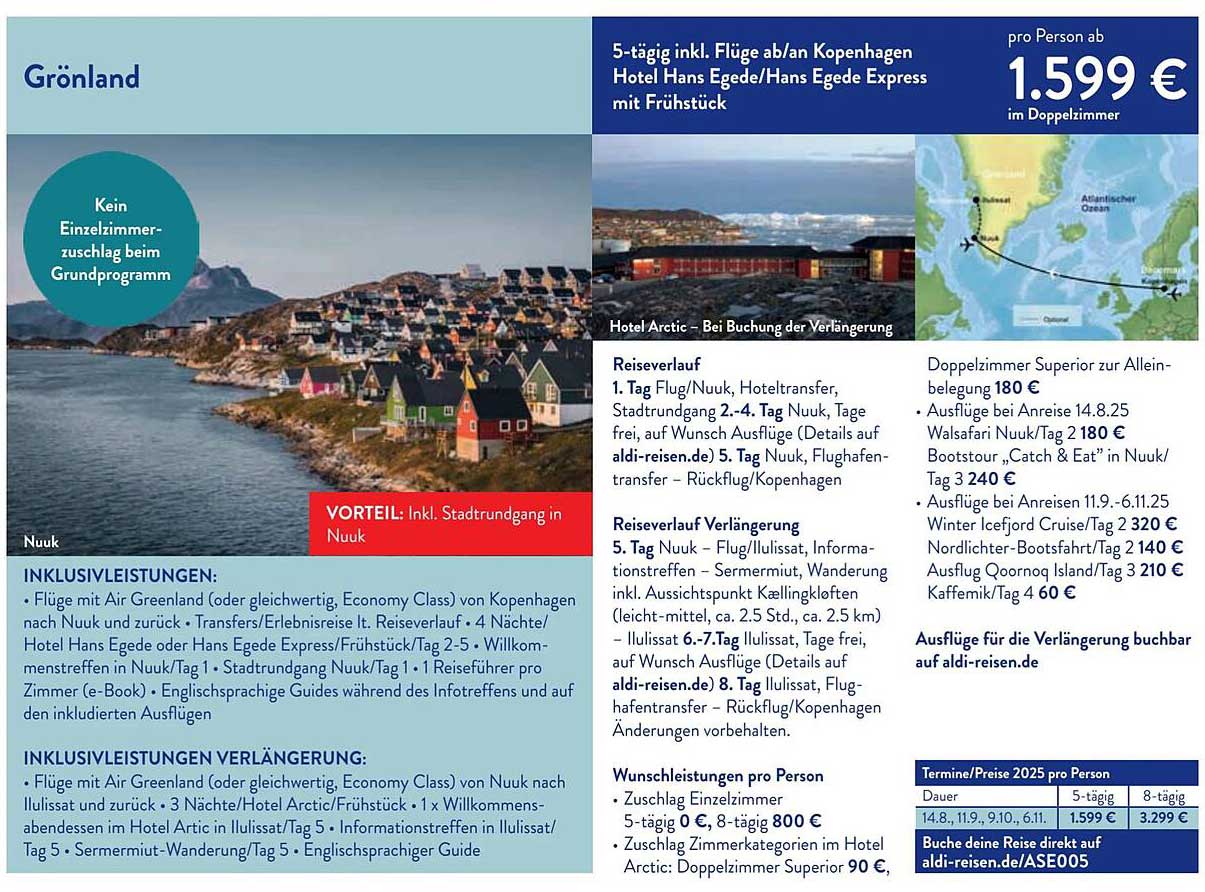 5-tägige Reise nach Grönland inkl. Flüge ab/an Kopenhagen im Hotel Hans Egede/Hans Egede Express mit Frühstück