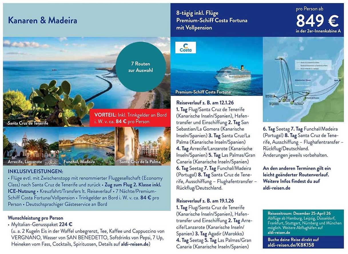 8-tägige Kreuzfahrt zu den Kanaren & Madeira mit Costa Fortuna