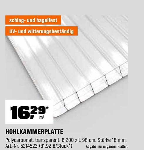 HOHLKAMMERPLATTE 200 x 98 cm - Transparent und Witterungsbeständig