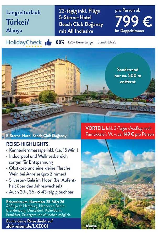 Langzeiturlaub Türkei/Alanya – 22-tägig inkl. Flüge im 5-Sterne-Hotel Beach Club Doğanay mit All Inclusive