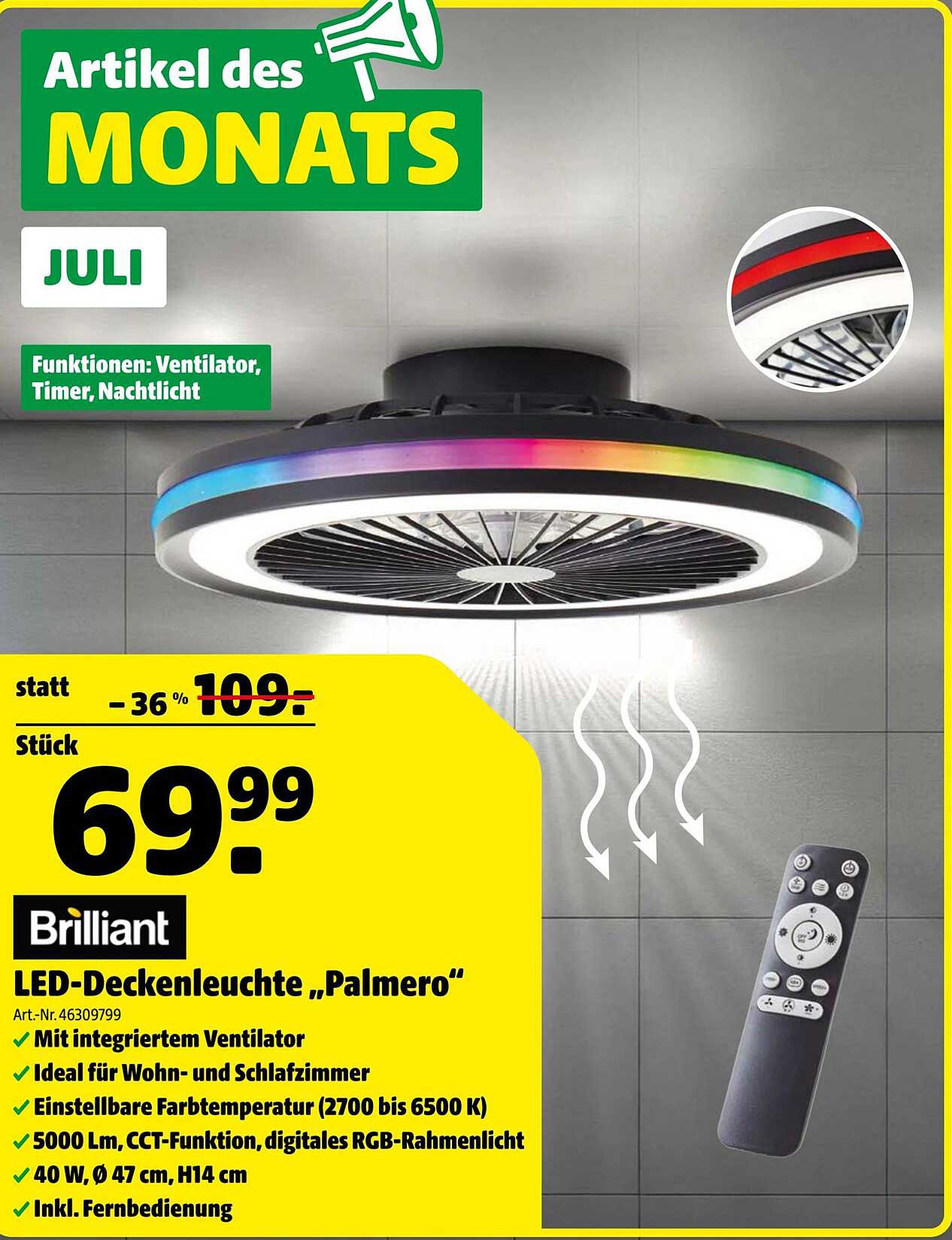 LED-Deckenleuchte „Palmero“ mit integriertem Ventilator