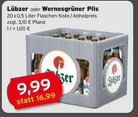 Lübzer oder Wernesgrüner Pils 20 x 0,5 Liter Flaschen Kiste
