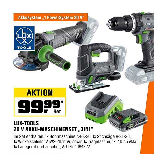 Lux-Tools 20 V Akku-Maschinenset „3in1“