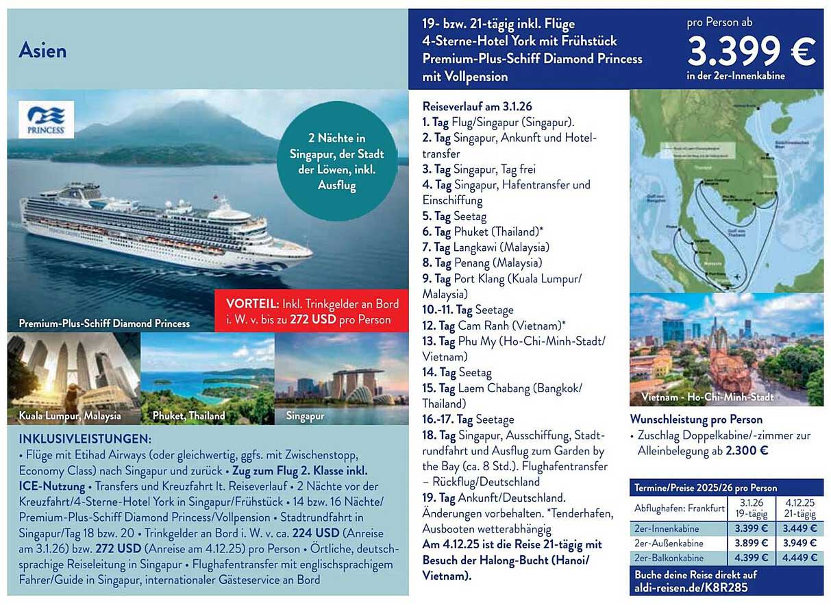 Premium-Plus-Schiff Diamond Princess: 19- bzw. 21-tägige Traumreise durch Asien