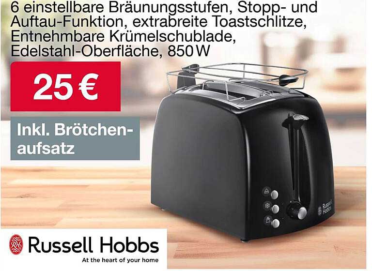 Russell Hobbs Toaster mit Brötchenaufsatz - 850W, 6 Bräunungsstufen