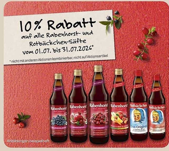 10% Rabatt auf alle Rabenhorst- und Rotbäckchen-Säfte vom 01.07. bis 31.07.2026*