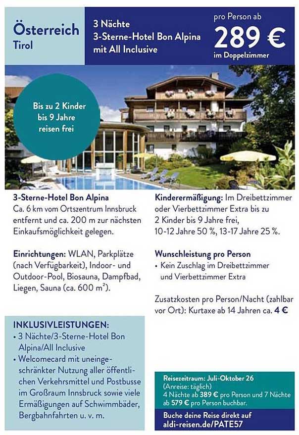 3 Nächte 3-Sterne-Hotel Bon Alpina mit All Inclusive