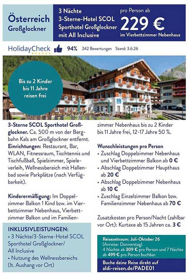 3 Nächte 3-Sterne-Hotel SCOL Sporthotel Großglockner mit All Inclusive