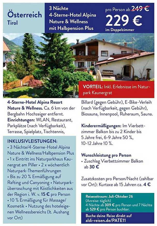 3 Nächte 4-Sterne-Hotel Alpina Nature & Wellness mit Halbpension Plus
