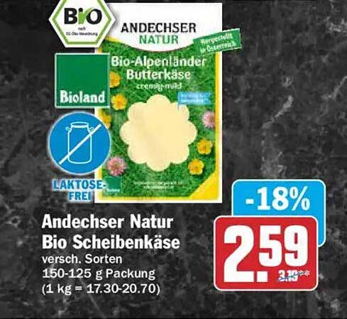 Andechser Natur Bio Scheibenkäse versch. Sorten 150-125 g Packung (1 kg = 17.30-20.70)