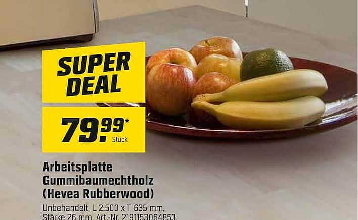 Arbeitsplatte Gummibaumechtnoiz (Hevea Rubberwood)