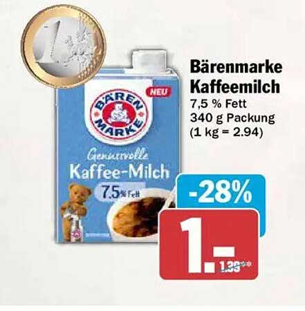 Bärenmarke Kaffeemilch 7,5 % Fett 340 g Packung (1 kg = 2.94)