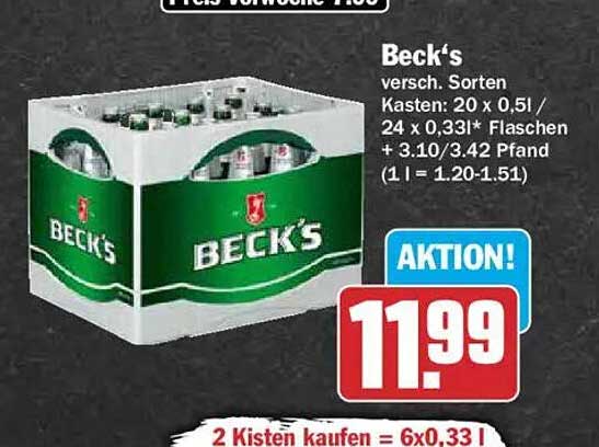 Beck's versch. Sorten Kasten: 20 x 0,5l / 24 x 0,33l* Flaschen + 3.10/3.42 Pfand (1 l = 1.20-1.51)