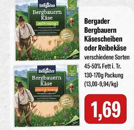 Bergader Bergbauern Käsescheiben oder Reibekäse verschiedene Sorten 45-50% Fett i. Tr. 130-170g Packung (13,00-9,94/kg)