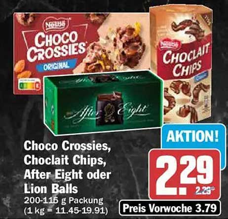 Choco Crossies, Choclait Chips, After Eight oder Lion Balls