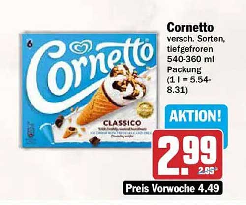 Cornetto versch. Sorten, tiefgefroren 540-360 ml Packung (1 l = 5.54-8.31)